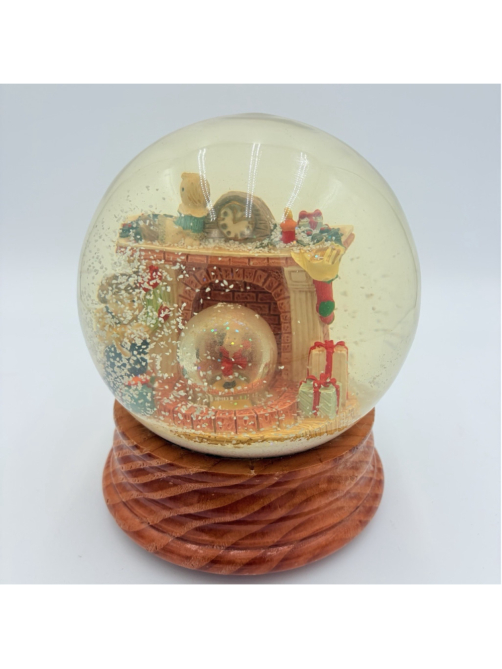 Christmas Santa Fireplace Double Snow Globe Battery Operated Wood Look Base